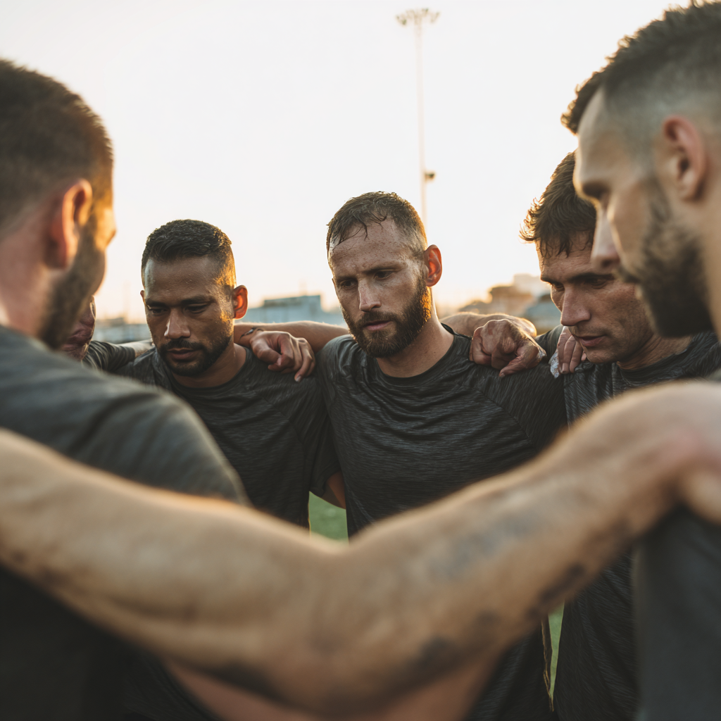 Група чоловіків після тренування, підтримують один одного, демонструючи командний дух та мотивацію
