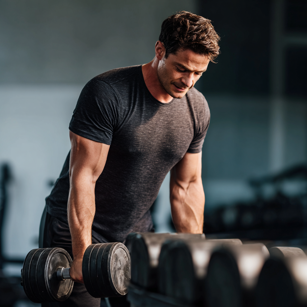 Чоловік тренується з важкими гантелями в сучасному спортзалі, демонструючи силу та концентрацію