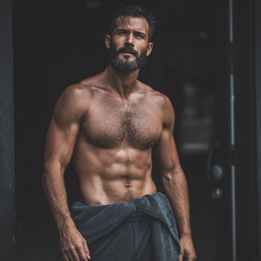 Успішний чоловік після тренування демонструє результати трансформації, впевнена поза та сильна фізична форма